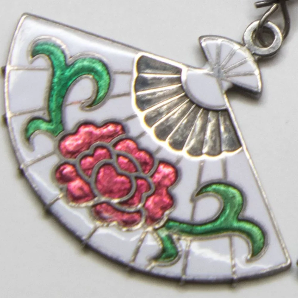 Vintage Cloisonné Floral Fan Silver Tone Earrings